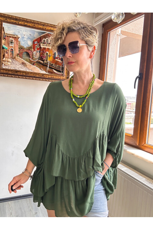 Lizza Etek Kısım Volanlı Pamuk Bluz Haki Yeşil