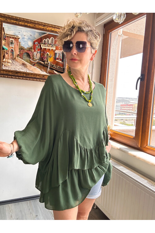 Lizza Etek Kısım Volanlı Pamuk Bluz Haki Yeşil