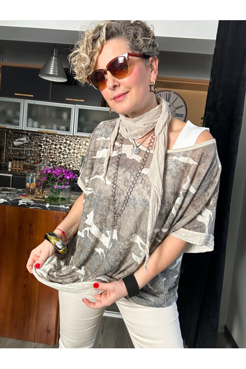 Mamma Mia Fularlı Etek Pul Kamuflaj Bluz Bej