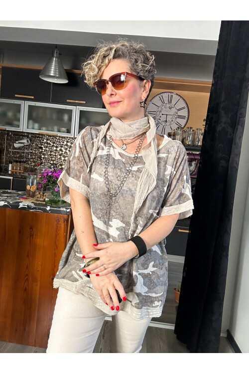 Mamma Mia Fularlı Etek Pul Kamuflaj Bluz Bej