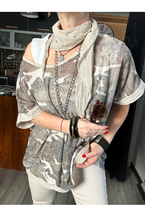 Mamma Mia Fularlı Etek Pul Kamuflaj Bluz Bej