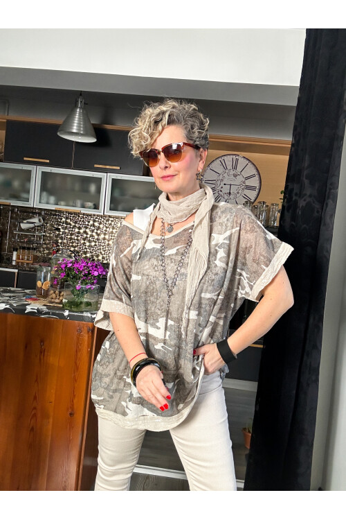 Mamma Mia Fularlı Etek Pul Kamuflaj Bluz Bej