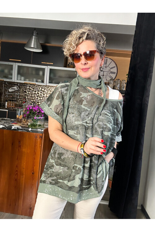 Mamma Mia Fularlı Etek Pul Kamuflaj Bluz Haki Yeşil