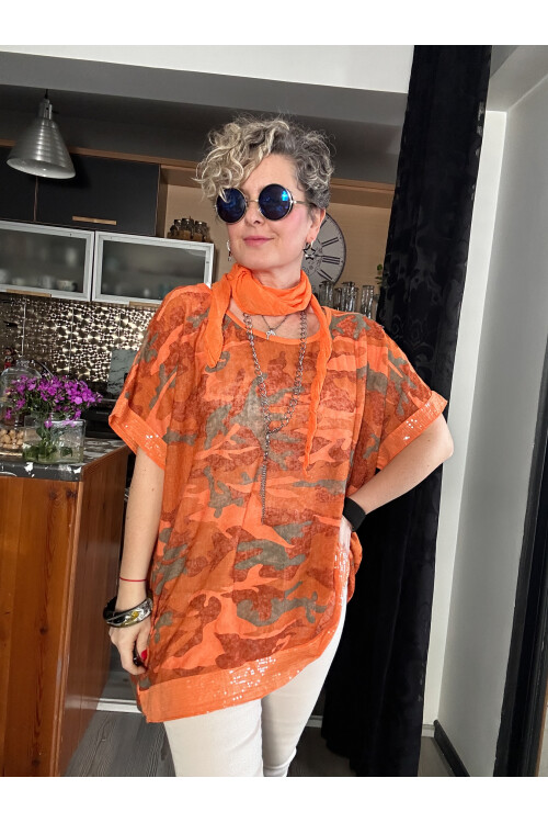 Mamma Mia Fularlı Etek Pul Kamuflaj Bluz Turuncu