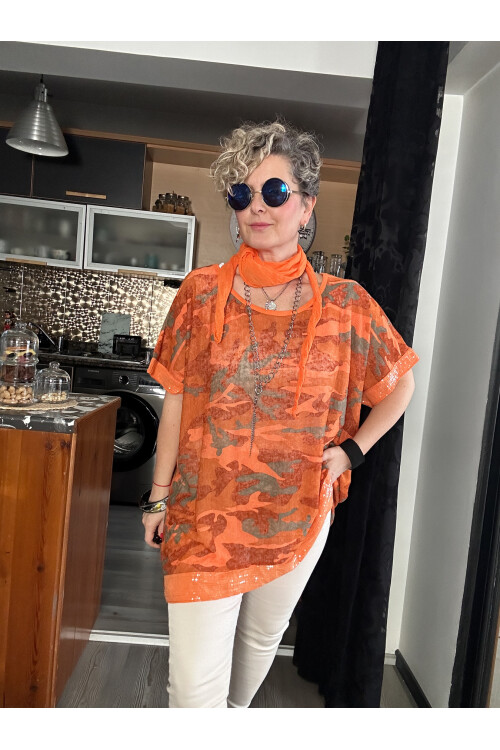 Mamma Mia Fularlı Etek Pul Kamuflaj Bluz Turuncu