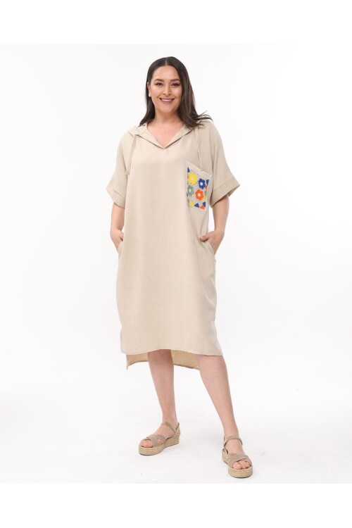 Milus Tasarım Cep Detay Kapşon Elbise Bej