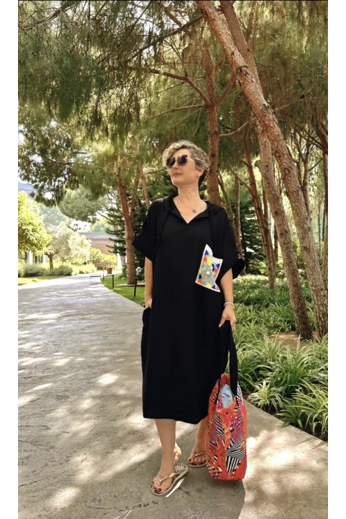 Milus Tasarım Cep Detay Kapşon Elbise Siyah