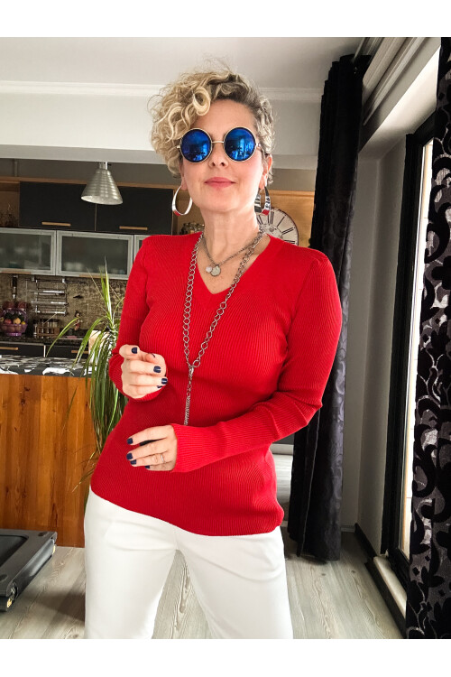 Mixx V Yaka Likralı Triko Bluz Kırmızı