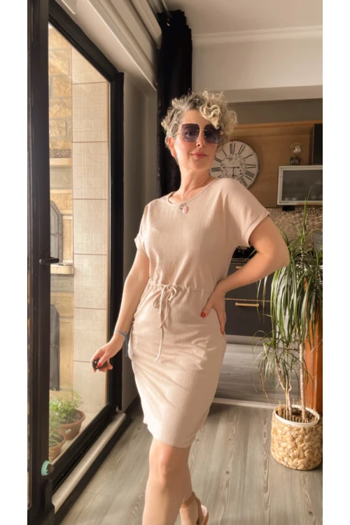 Mms Bel Büzgü Detay Elbise Bej
