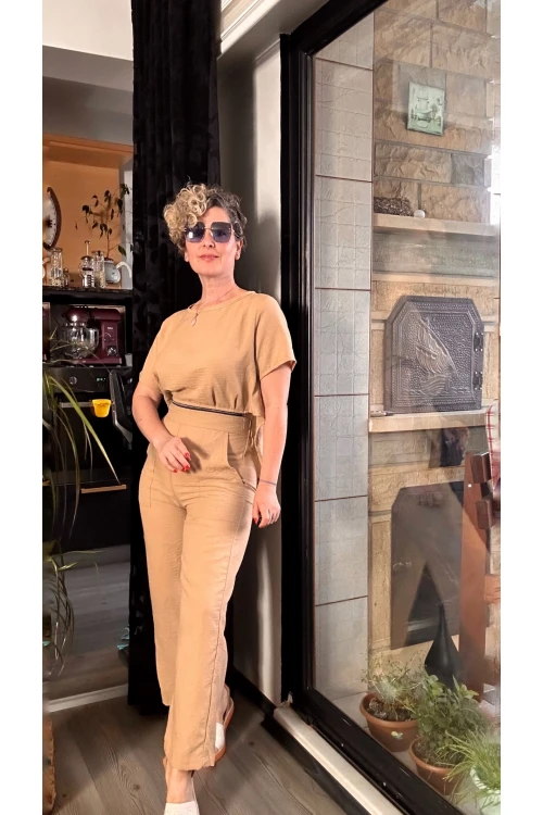 Noce Belden Fermuar Detaylı Tulum Camel