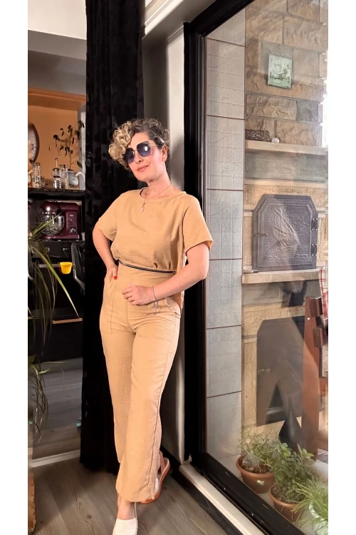 Noce Belden Fermuar Detaylı Tulum Camel