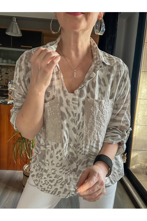 Vespa Leopar Pul Detaylı Tasarım Gömlek Bej