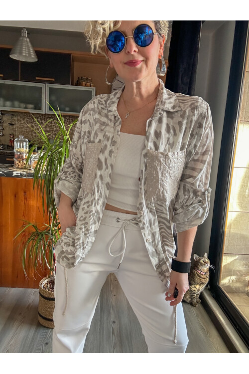 Vespa Leopar Pul Detaylı Tasarım Gömlek Bej