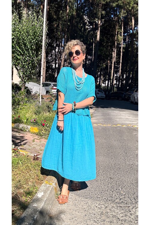 Abitare İtalyan Fisto File Detay Vip Elbise Turkuaz