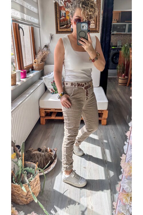 Amour İtalyan Sihirli Kemer Detaylı Pantolon Beige