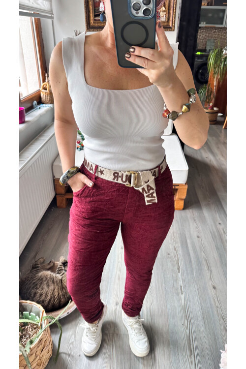 Amour İtalyan Sihirli Kemer Detaylı Pantolon Bordo