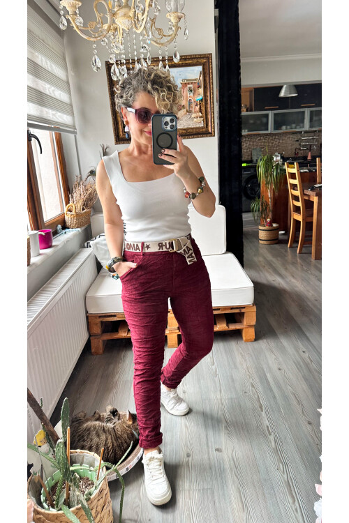 Amour İtalyan Sihirli Kemer Detaylı Pantolon Bordo