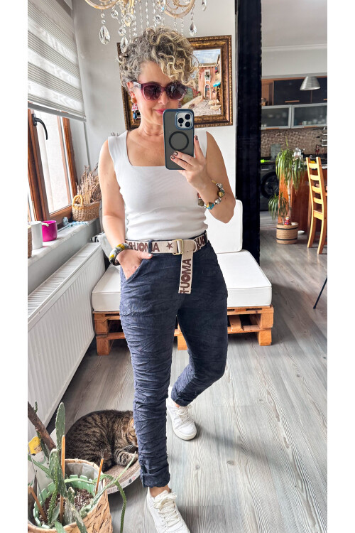 Amour İtalyan Sihirli Kemer Detaylı Pantolon Dark Grey