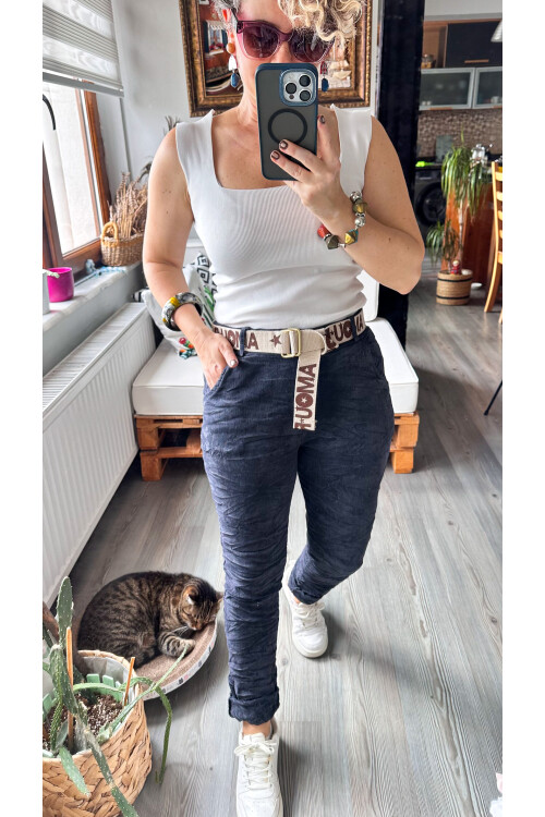 Amour İtalyan Sihirli Kemer Detaylı Pantolon Dark Grey