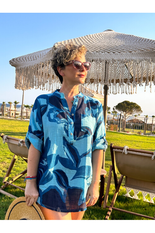 Angela Yaprak Gül Desen Turkuaz İtalyan Gömlek