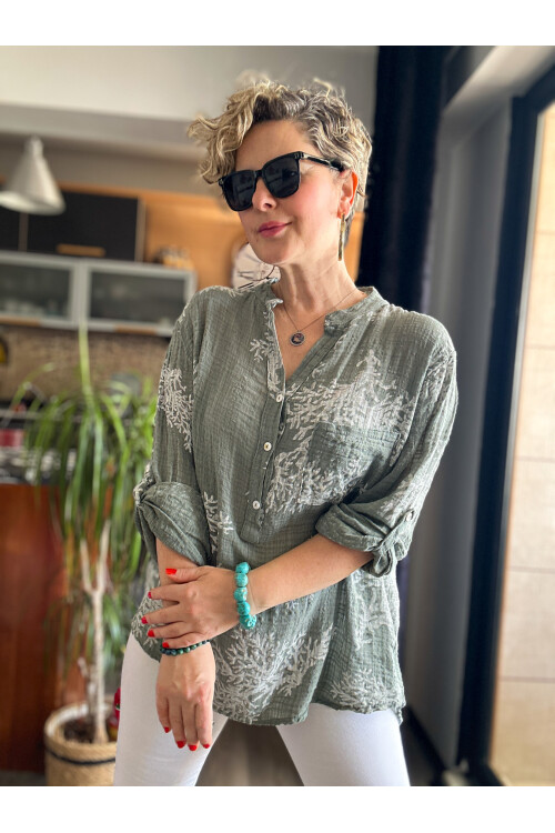 Aris Mercan Desen İtalyan Gömlek Haki Yeşil