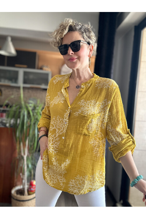 Aris Mercan Desen İtalyan Gömlek Hardal