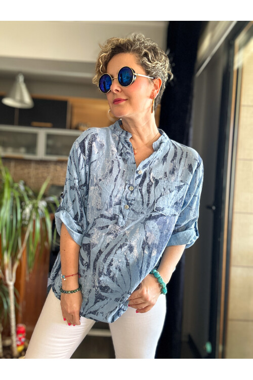Bergamo Spiral Yaprak Açık İndigo Desenli İtalyan Gömlek