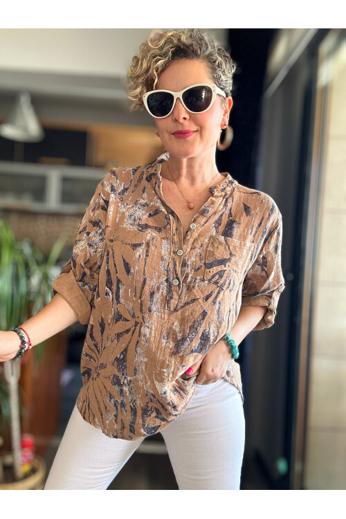 Bergamo Spiral Yaprak Cappuccino Desenli İtalyan Gömlek