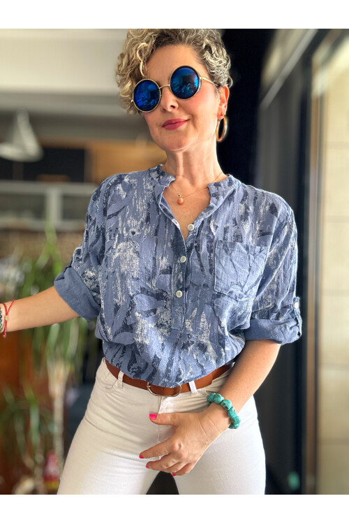 Bergamo Spiral Yaprak Koyu İndigo Desenli İtalyan Gömlek