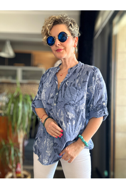 Bergamo Spiral Yaprak Koyu İndigo Desenli İtalyan Gömlek