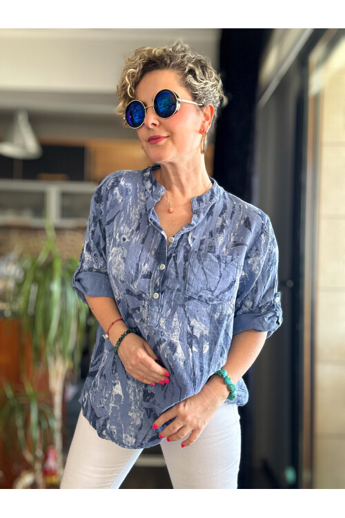 Bergamo Spiral Yaprak Koyu İndigo Desenli İtalyan Gömlek