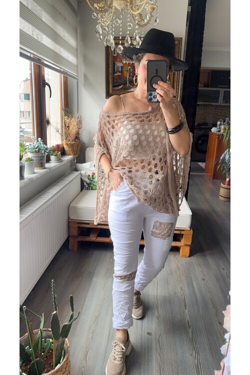 Cappo İtalyan Tokalı İp Detaylı Pul Şeritli Pantolon Beyaz