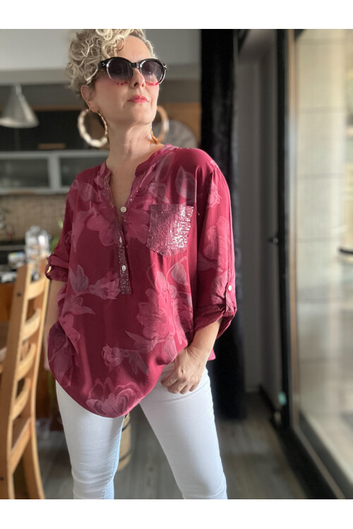 Della Manolya Desen Pul Detaylı Bordo İtalyan Gömlek