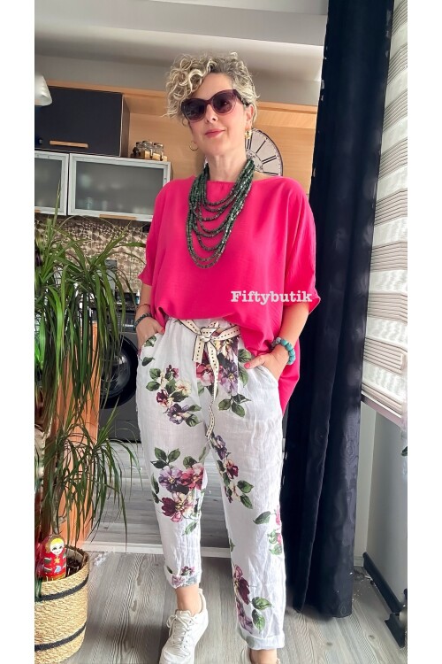 Delli İtalyan Çiçek Desen Beyaz Keten Pantolon