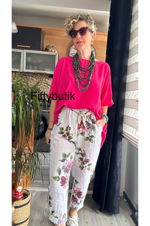 Delli İtalyan Çiçek Desen Beyaz Keten Pantolon