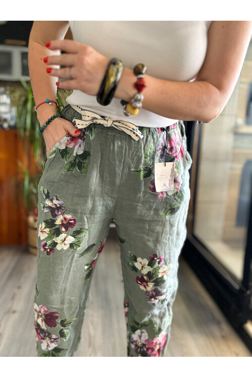 Delli İtalyan Çiçek Desen Haki Yeşil Keten Pantolon