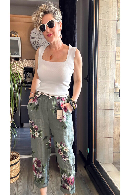 Delli İtalyan Çiçek Desen Haki Yeşil Keten Pantolon