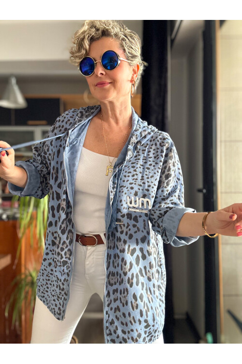 Donna İtalyan Leopar Desen Fermuarlı Kapşonlu Ceket İndigo