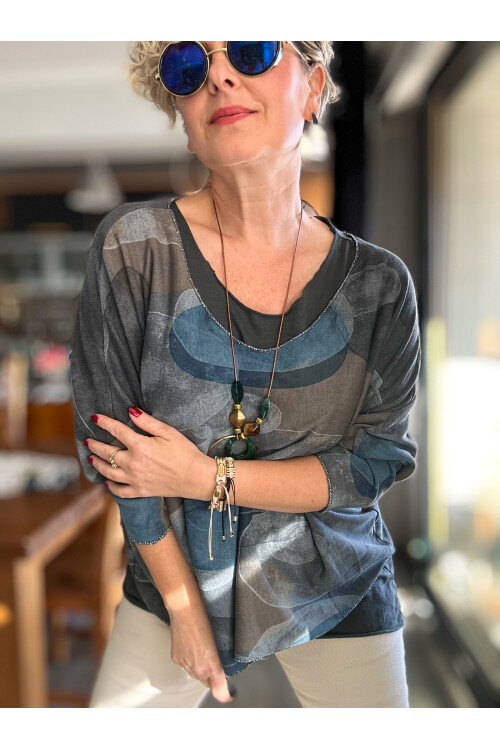 Etaly Sedef Desen Kolyeli İtalyan Bluz Antrasit