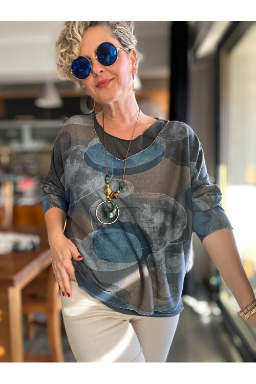 Etaly Sedef Desen Kolyeli İtalyan Bluz Antrasit