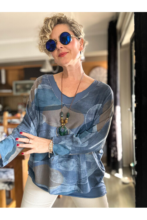 Etaly Sedef Desen Kolyeli İtalyan Bluz İndigo
