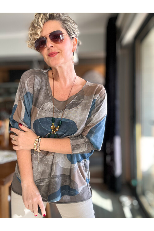 Etaly Sedef Desen Kolyeli İtalyan Bluz Vizon