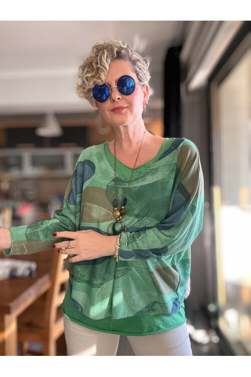 Etaly Sedef Desen Kolyeli İtalyan Bluz Yeşil