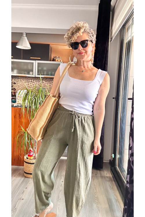 Etno Çıma Detay Bel Lastik Tasarım Pantolon Haki Yeşil