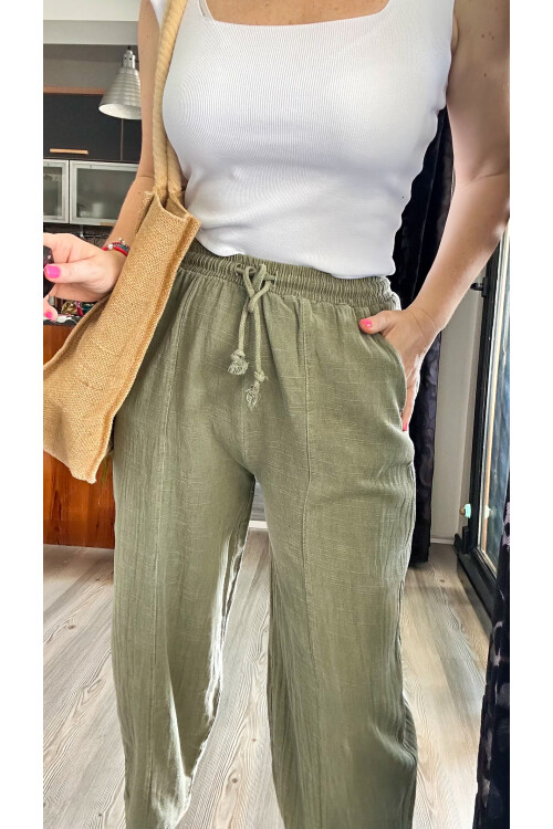 Etno Çıma Detay Bel Lastik Tasarım Pantolon Haki Yeşil