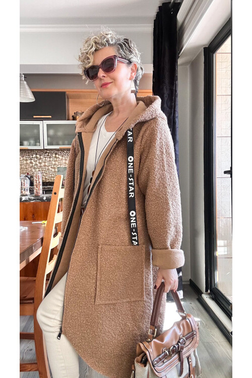 Fabia İtlyan Kapşonlu Buklet Kaban Camel