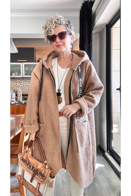 Fabia İtlyan Kapşonlu Buklet Kaban Camel