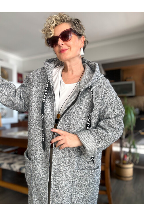 Fabia İtlyan Kapşonlu Buklet Kaban Gri