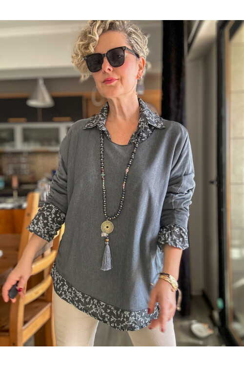 Femme İtalyan Gömlekli Bluz Triko Takım Antrasit