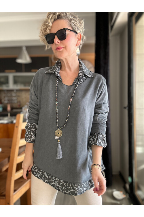 Femme İtalyan Gömlekli Bluz Triko Takım Antrasit